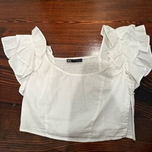 Zara White Ruffled Cropped Blouse